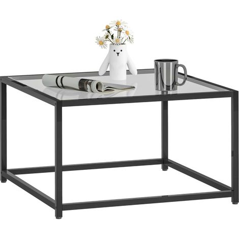 Table de chevet carrée en verre trempé avec piètement acier, table d'appoint noir 68x68x39 cm