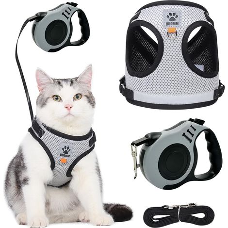 Harnais Chat avec Rétractables Laisse, Reglable Harnais Chaton, Respirant Réfléchissant, et 3m Laisse Rétractables, pour Chat Petit Chien (1/5)