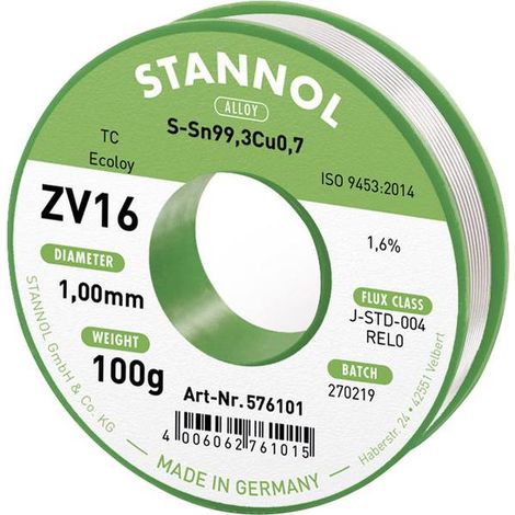 Stannol ZV16 Stagno senza piombo senza piombo Sn99,3Cu0,7 REL0 100 g 1 mm