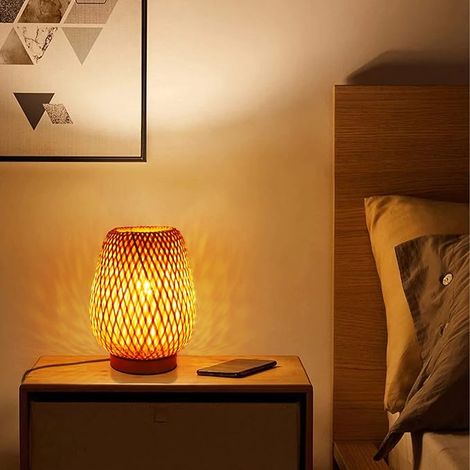 Handgefertigte kleine Bambus-Tischlampe Boho Wicker Gewebte Tischlampe, Boho-Tischlampe für Schlafzimmer Bettseite Leselampe für Heimdekoration (1/3)