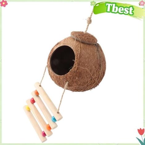 Tbest Maison de noix de coco avec échelle Maison de Noix de animalerie oiseau Nid échelle avec coquille de noix de coco poilue (1/5)