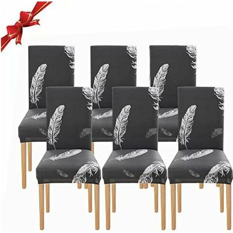 6 Pièces Housse de Chaise Extensible(Plume Gris), Universelle Lavables,Couverture de Chaise Facile à Nettoyer pour Décor Salle à Manger Hôtel Restaurant (1/5)