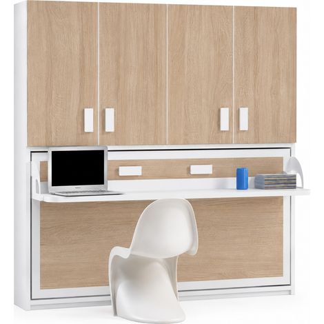 Lit escamotable horizontal avec étagères interieures, bureau et armoire MIKO - Profondeur 53cm-Chêne clair-90x200 (1/5)