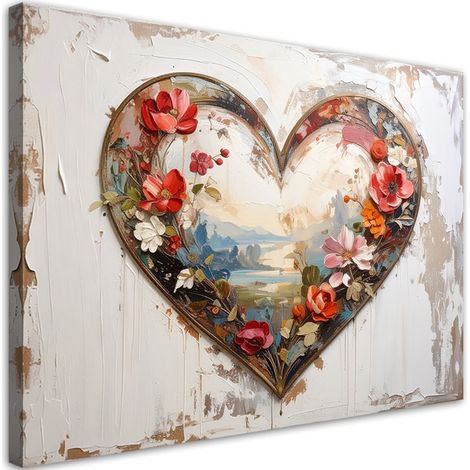 Quadro su tela, Cuore 3D amore fiori in stile shabby chic, 30x20 (1/5)