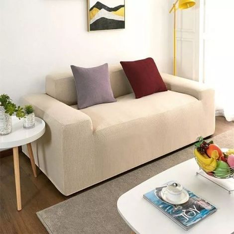Housse de canapé universelle 3 places en polaire polaire imperméable, extensible, unie et épaisse, de couleur unie, à carreaux beige clair. (1/5)
