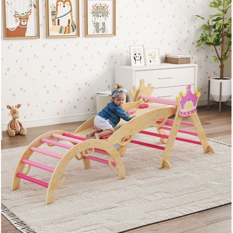 Estructura de escalada interior para niños 8 en 1 de madera rosa con tobogán, rampa y arco (1/5)
