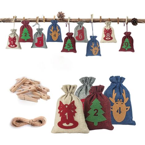 24 sachets calendrier de l'Avent en feutrine avec autocollants à personnaliser et clips pour décorer le sapin de Noël (1/3)