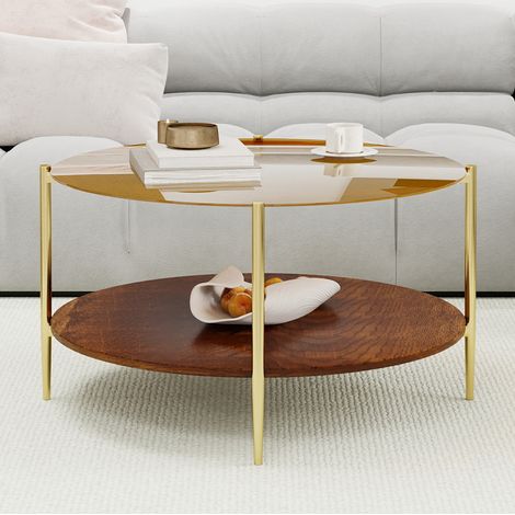 Mesa centro redonda con almacenaje vidrio y madera OKMYHOME (1/5)