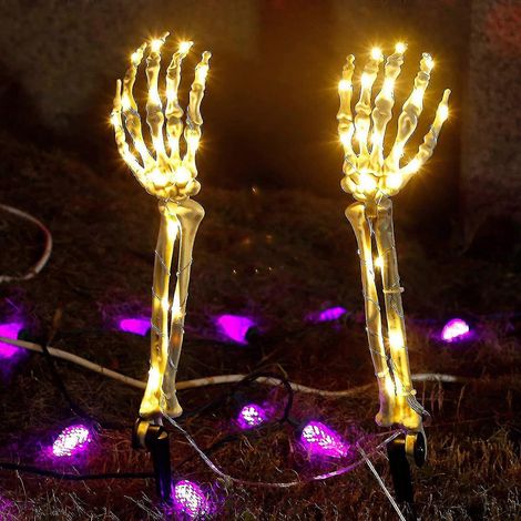 Lot de 2 crânes réalistes pour Halloween, mains en forme de crâne, décoration fluo pour fête d'Halloween, maison, jardin, pelouse, accessoires d'horreur pour maison hantée (1/5)