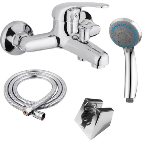 Fontastock URBEL FSKFGB003 Set Einhebel-Wannenmischer mit Gewinde für de Brauseschlauch, Keramikkartusche de 40 mm, Griff de Zink, Körper de Messing und Schlauch de Dusche mit 5 Positionen und Halteru (1/5)