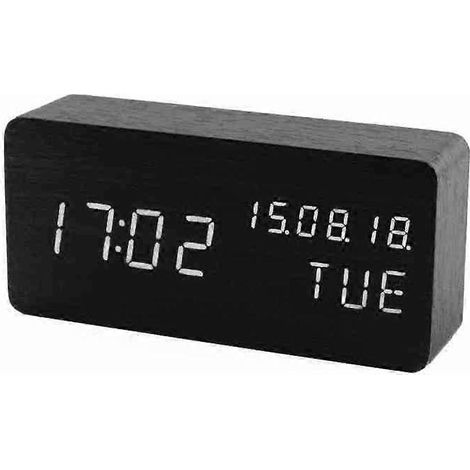 Réveil créatif avec fonction snooze, calendrier perpétuel numérique en bois à commande vocale LED, disponible en plusieurs couleurs. (1/5)