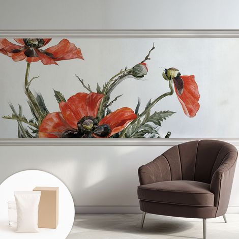 Papier peint décoratif avec colle pour salon, chambre à coucher et bureau – Design moderne et facile à poser Coquelicots rouges 250x104 cm (1/5)