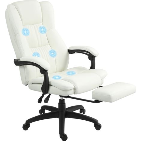 Chaise pivotante réglable avec repose-pieds, appuie-tête, fonction massage, imitation cuir, 68,5x68,5x113-121cm, blanc crème (1/5)