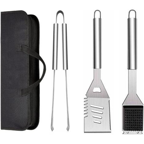 BUNTHAUS Ensemble Lot de 3 Ustensiles de Barbecue en Acier Inoxydable avec Sac de Transport, Spatule, Pince et Fourchette, Accessoires pour Barbecue, Cuisine, Camping en Plein Air (1/4)