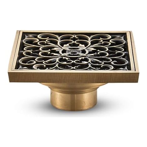 Siphon de sol en laiton pour salle de bain - Motif floral sculpté antique unique, carré (1/5)