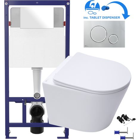 White D Shape Rimless Wall Hung Toilet & 1.12m Concealed WC Cistern Frame Set - Gloss Chrome Plate (1/5)