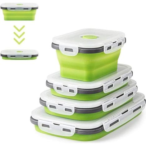 4 PCS Boîte à Lunch Pliante en Silicone Rétractable Récipients Alimentaires en Silicone Rétractable Déjeuner Bento Box Stockage de Nourriture Silicone boîte Stockage (Vert) (1/5)