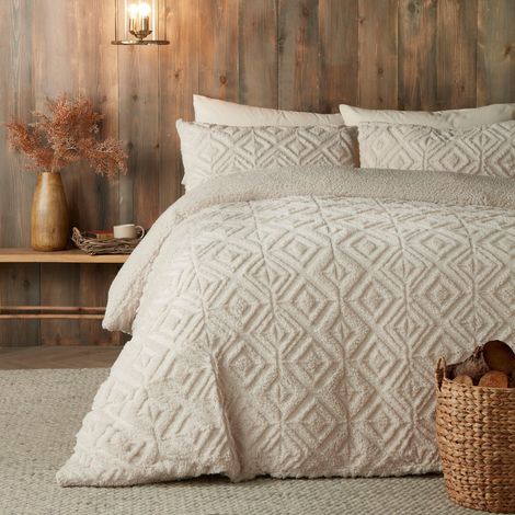 Housse de Couette en Polaire crème Naturelle Lit Double 200 x 200 cm Design réversible Housse de Couette Jacquard en Lin Beige Parure de lit touffetée carrée géométrique Polaire (1/4)