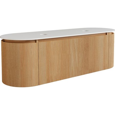 Mobile sotto lavabo sospeso scanalato in legno di frassino con piano in pietra sinterizzata opaca Naturale chiaro L150 cm - LILIKO