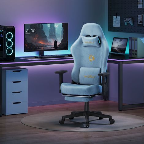 WOLTU Gaming Stuhl Ergonomischer Bürostuhl, Drehstuhl mit Lendenkissen Kopfkissen Fußstütze, Computerstuhl mit verstellbare Rückenlehne, Atmungsaktiver Wildlederimitat, Blau