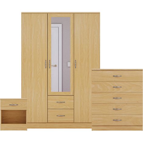 Riano 3 Piece Bedroom Set (1 Drw Bedside Chest, 5 Drw Chest, 3 Dr 2 Drw Mirrored Wardrobe), Pine (1/3)