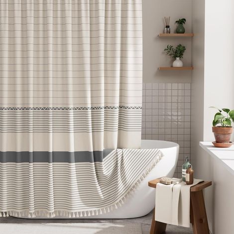 Cortina de ducha moderna con borlas, cortina de ducha de estilo bohemio, cortina de ducha de lino a rayas, con ganchos, 180 cm x 180 cm, gris. (1/5)