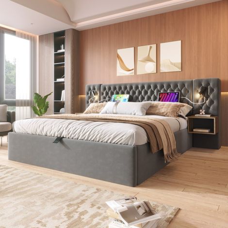 MODFU – Letto matrimoniale 180x200 cm in velluto con contenitore idraulico, 2 comodini, lampade USB Type-C, portata 226 kg e 3 colli – Grigio (1/5)