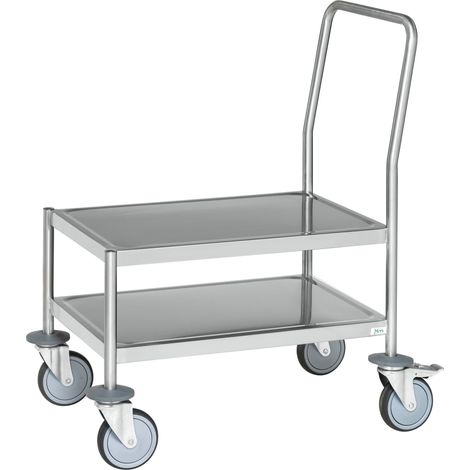 Kongamek Edelstahl- Plattformwagen rostfrei mit Schiebegriff, 2 Etagen 620x340mm Gummibereifung und Bremse