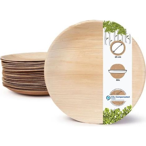 12 assiettes jetables en feuille de palmier, biodégradables, Ø 23 cm, naturelles, pour événements festifs et pique-niques (1/4)