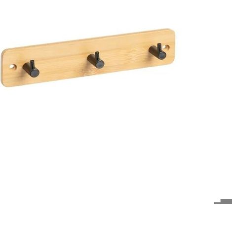 Patère murale en bois de bambou naturel dotée de 3 crochets cylindriques noirs-Longueur 22 x Profondeur 4 x Hauteur 5 cm (1/5)