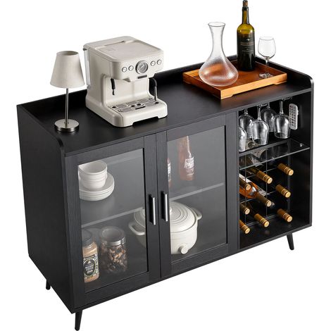 Mophorn Wine Cabinet with 9 Bottle Storage, Coffee Bar Sideboard Featuring Glass Holder and Adjustable LED Lighting, Ideal for Kitchen, Living Room, and Dining Room, Black Wood Finish (1/5)