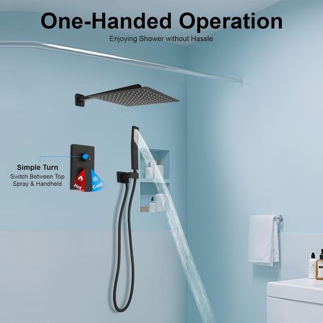 Unterputz Duscharmatur Set, Duschgarnitur Mit Regendusche, Handbrause Und Thermostat, Duschsystem Schwarz Zweimodus Regenbrause, Schnelle Wandmontage (1/5)