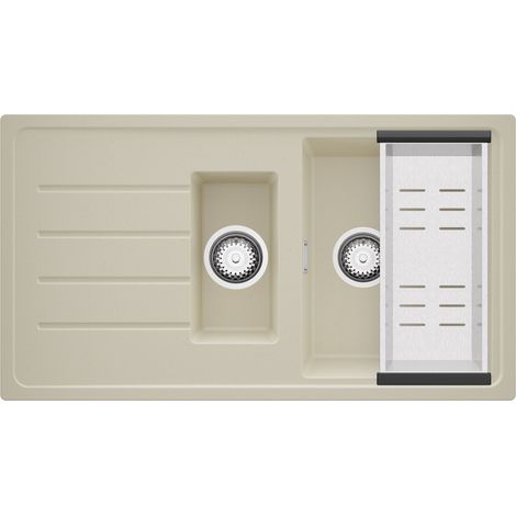 PRIMAGRAN Evier Cuisine en Granit 90x50cm,Lavabo 1,5 bacs + Kit de Vidage, Évier à Encastrer au Meuble 60cm - Copenhague Duo, Beige (1/5)