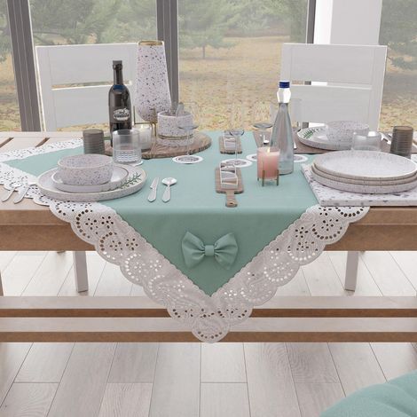 Centre De Table Tissu avec Dentelle de Saint-Gall, Chemin De Table Carré en Coton 95x95 cm, Vert d'eau, Accessoires De Cuisine (1/3)