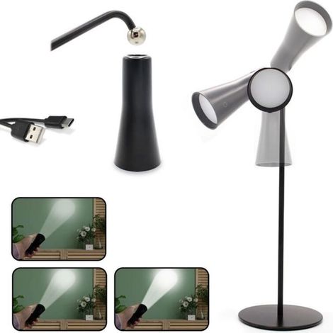 Lampe LED 3en1 Lampe de Bureau + Applique Murale + Torche - Magnétique - Batterie Rechargeable USB - Tactile - 3 Intensités - Noir (1/2)