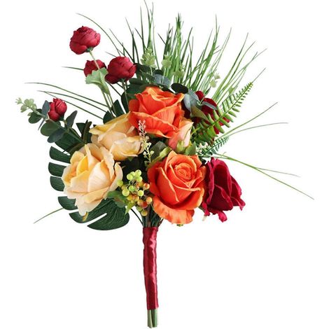 Bouquet de fleurs artificielles rouge orangé avec feuilles et tige en soie artificielle pour la Saint-Valentin, mariage et accessoires de photographie de mariée. (1/4)