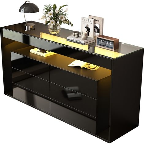 Aparador de aglomerado negro brillo con 6 cajones, tapa de vidrio templado y LED (1/5)