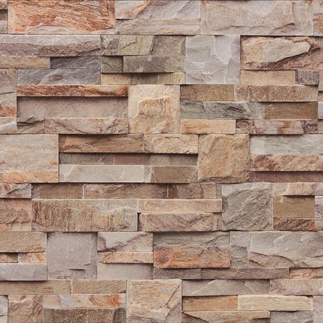 3D Effect Natural Slate Tile Brown Orange Wallpaper Brick Stone Embossed (1/2)