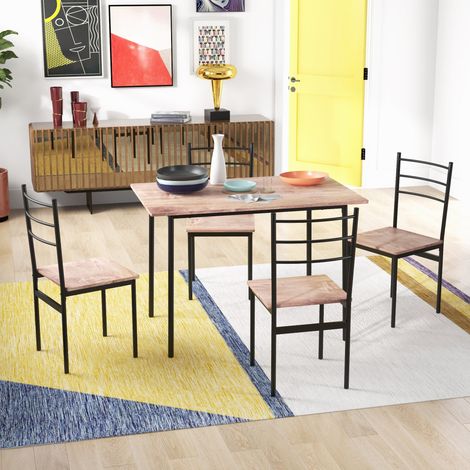 Conjunto de mesa y sillas de 5 piezas que ahorra espacio, con mesa de cocina rectangular de 110x70x75 cm y 4 sillas modernas de 40x43x86 cm, en MDF y acero, marrón y negro. (1/5)