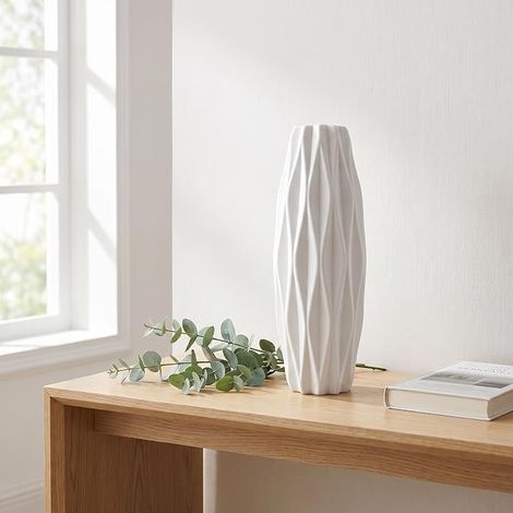 Pièce Vase Blanc, Décoration Maison Incassable en Plastique PE, Grand Decoratif Deco Table Salon Mariage, Géométrique Mat 21x5.5x4.5cm Nordique Ornement Minimaliste (1/4)