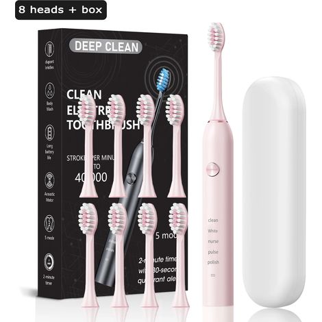 (Boîte rose avec 8 bandeaux de rechange) Brosse à dents sonique pour adultes, appareil de blanchiment et de nettoyage des dents, rechargeable. (1/5)