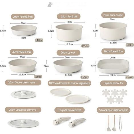 Ensemble de casseroles antiadhésives empilables avec poignée amovible compatible induction et gaz