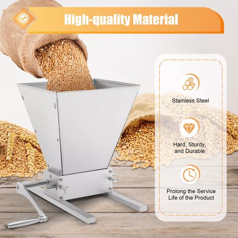 Manual Large Grain Mill Stainless Crusher Malt Barley Grinder W/ 2 Rollers Home Brew Beer Malt Crusher Wheat Feed/Flour Wet & Dry Cereal Machine 8lbs/min (1/5)