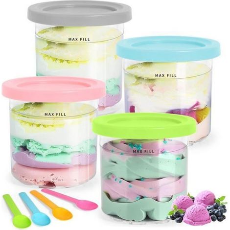 Lot de 4 Bacs à crème glacée,PC+PP étanche,couvercle coloré,corps transparent,stockage desserts maison (1/4)