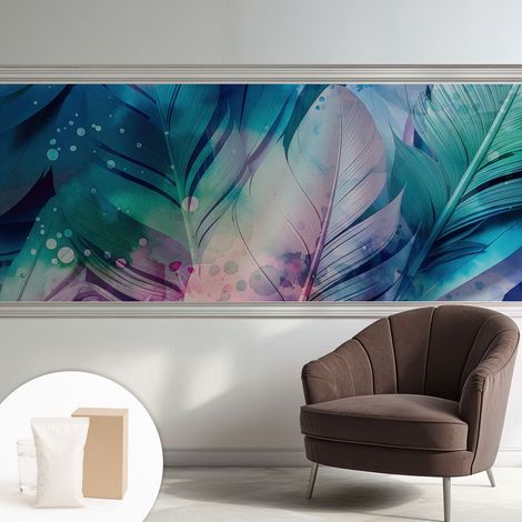 Papier peint intissé mural avec imprimé motifs décoratifs - style contemporain - Colle incluse gratuite Plumes colorées 250x104 cm (1/5)