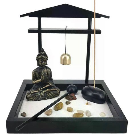 Kit de mini-jardin zen de bureau avec plateau à sable et statue de Bouddha méditant, idéal pour la décoration de la maison ou du bureau. À NE PAS MANQUER - JXLGV (1/5)