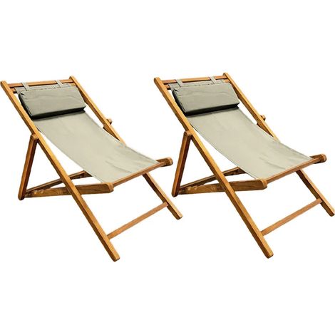 Lot 2 chaises longues chiliennes teck et toile vert/gris - ANCOLIE (1/5)