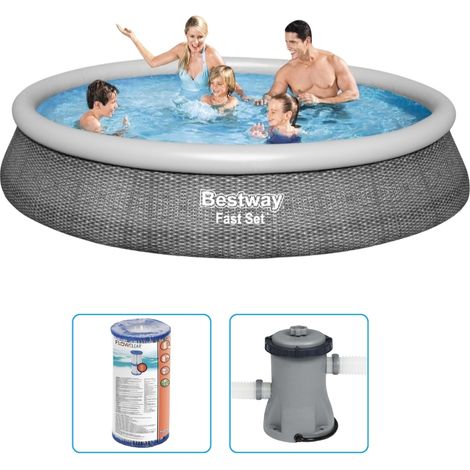 Piscine gonflable Bestway Fast Set - 396 x 84 cm - Imprimé rotin - Ronde - Avec pompe filtrante (1/5)