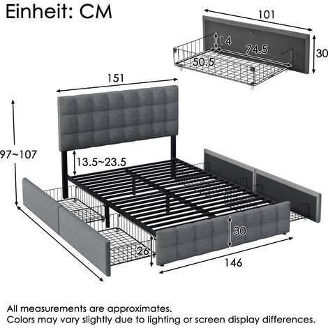 Lit rembourré 4 tiroirs double 140x200 cm avec sommier à lattes, tête de lit réglable, revêtement lin gris, matelas inclus