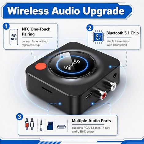 Recepteur Bluetooth 5.1 Stereo Audio Receiver RCA 3,5 mm Jack AUX Adaptateur Bluetooth Adaptateur Bluetooth Récepteur sans Fil de Voiture pour Smartphone Tablette Enceinte Home Cinema (1/2)